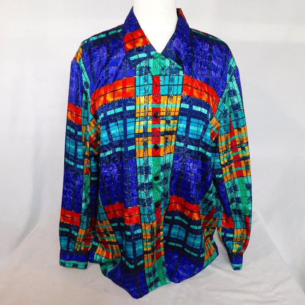 VTG Alia Multicolor Button Front Long Sleeve Satin Blouse Petite Womens 16P